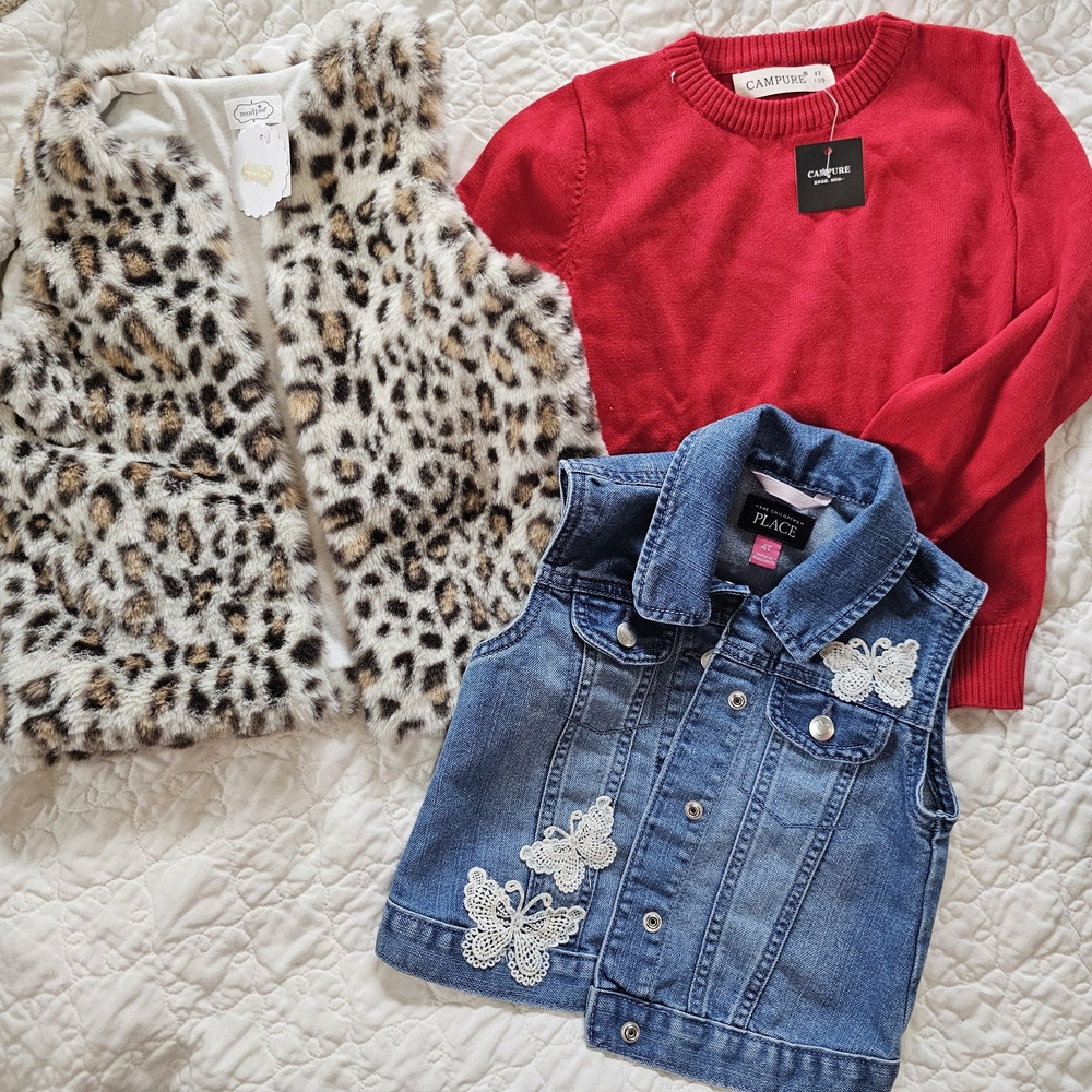 Mud Pie leopard Vest NWT, Red Sweater Campure NWT Denim Vest Girls 4t Bundle Lot